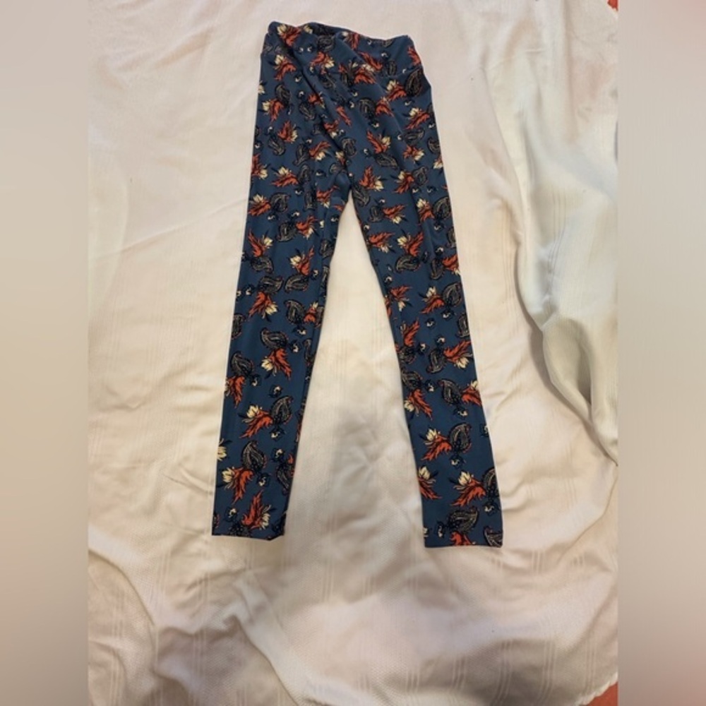 LuLaRoe Women’s Leggings - Navy and Orange Leaf Print